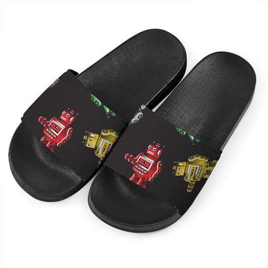 Vintage Robot Pattern Print Black Slide Sandals