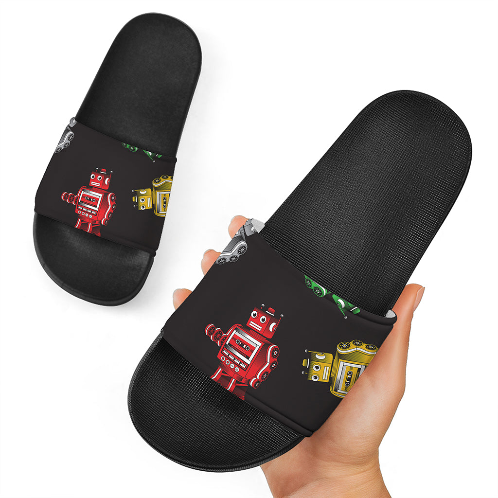 Vintage Robot Pattern Print Black Slide Sandals