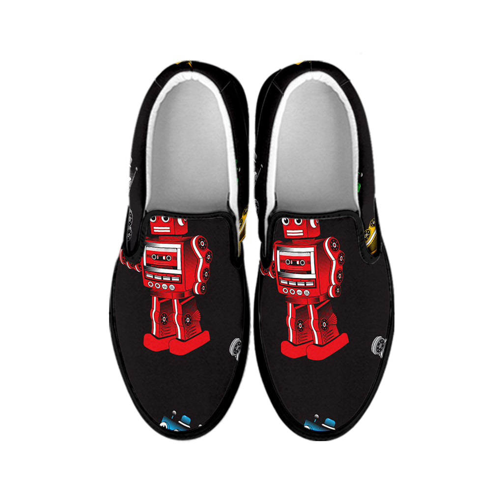 Vintage Robot Pattern Print Black Slip On Shoes