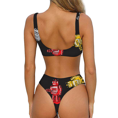 Vintage Robot Pattern Print Front Bow Tie Bikini
