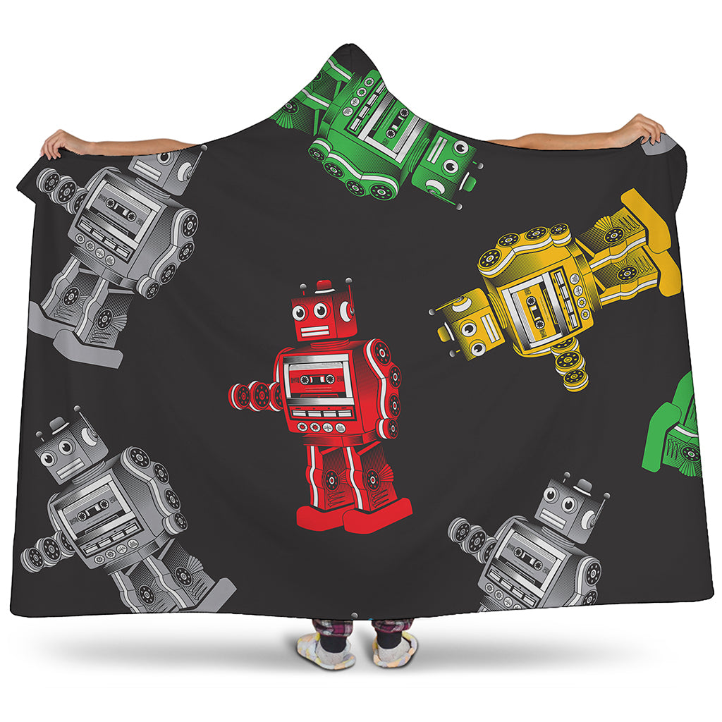 Vintage Robot Pattern Print Hooded Blanket