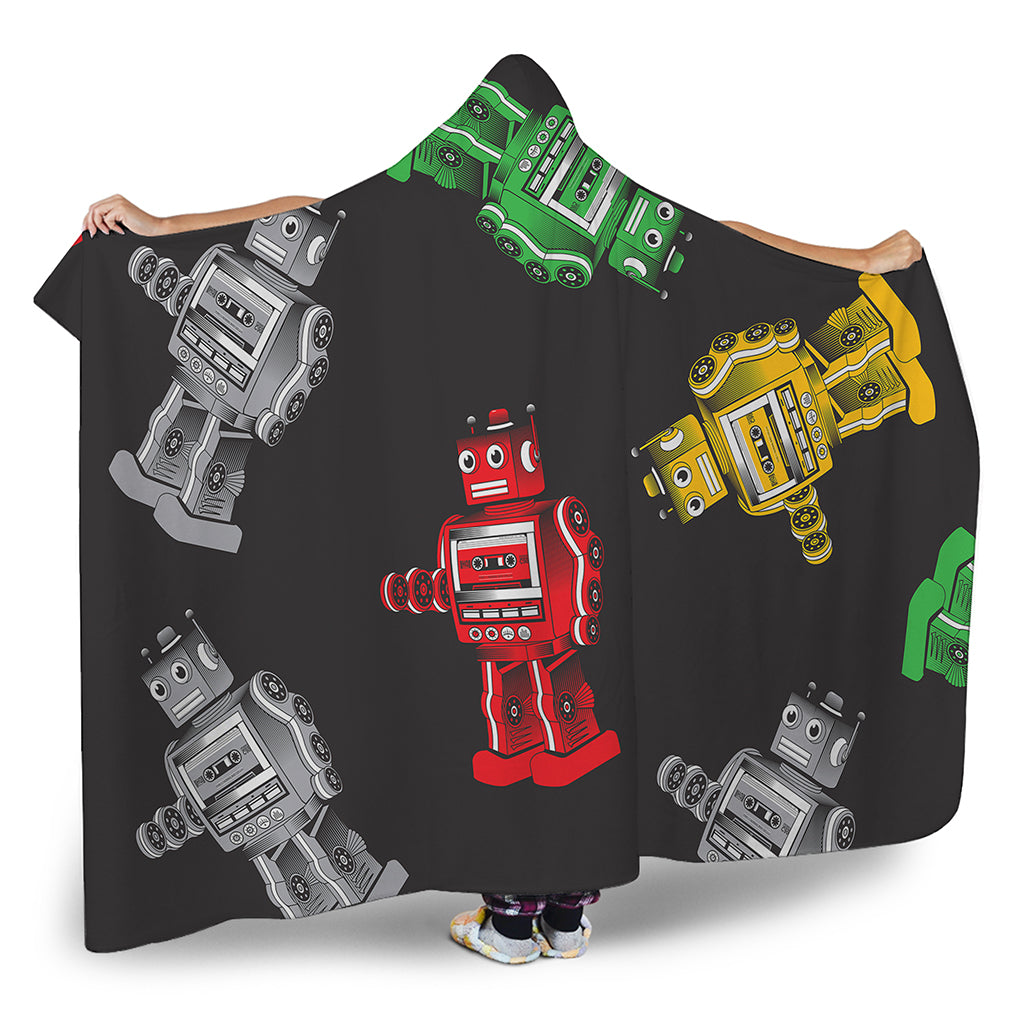 Vintage Robot Pattern Print Hooded Blanket