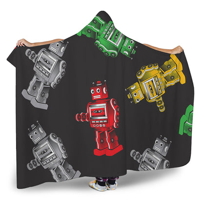 Vintage Robot Pattern Print Hooded Blanket