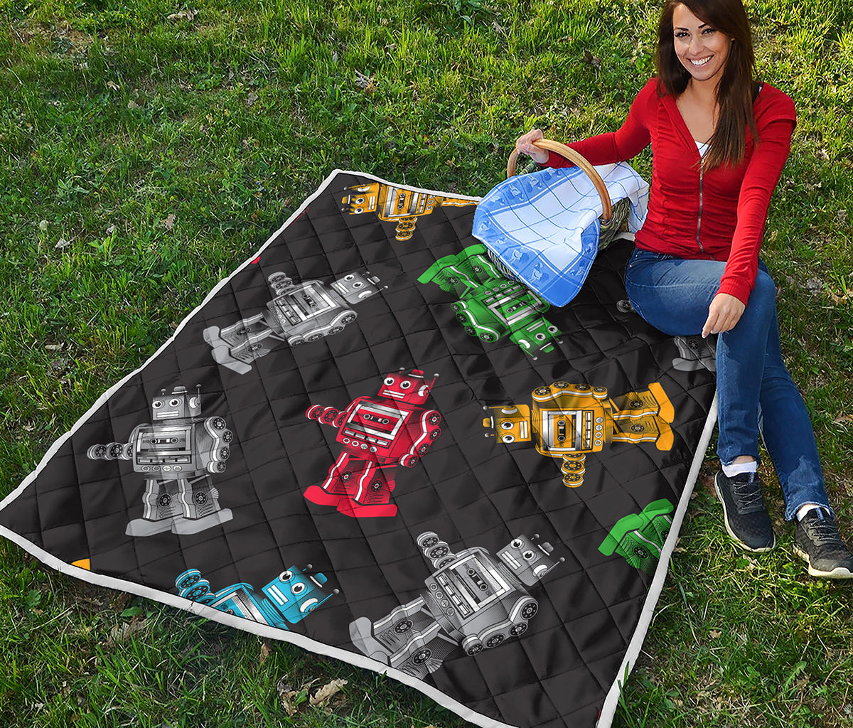 Vintage Robot Pattern Print Quilt