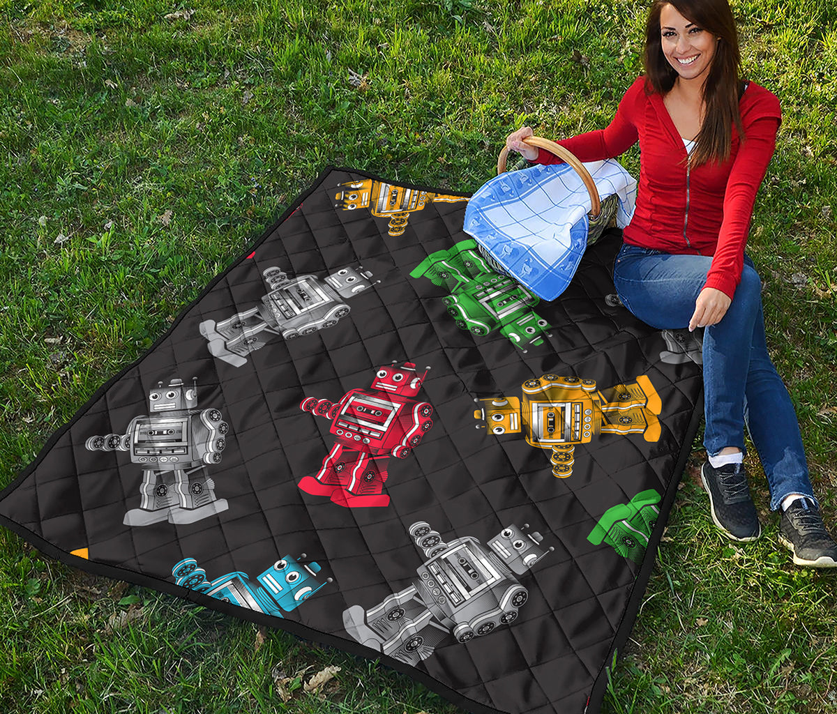 Vintage Robot Pattern Print Quilt
