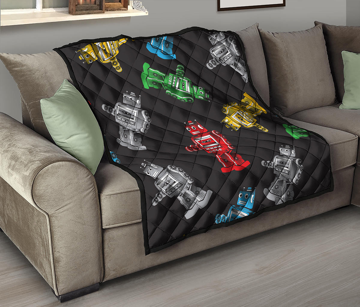 Vintage Robot Pattern Print Quilt