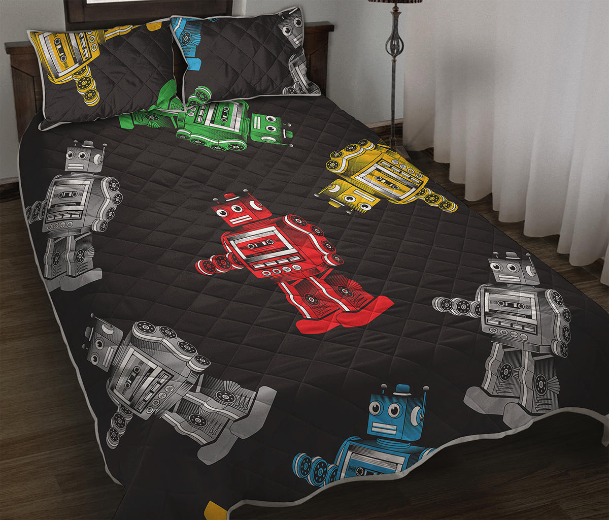 Vintage Robot Pattern Print Quilt Bed Set