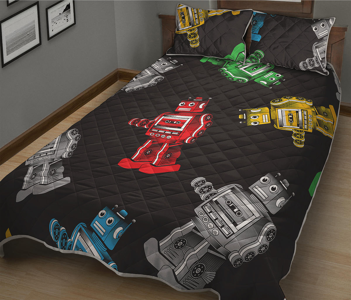Vintage Robot Pattern Print Quilt Bed Set