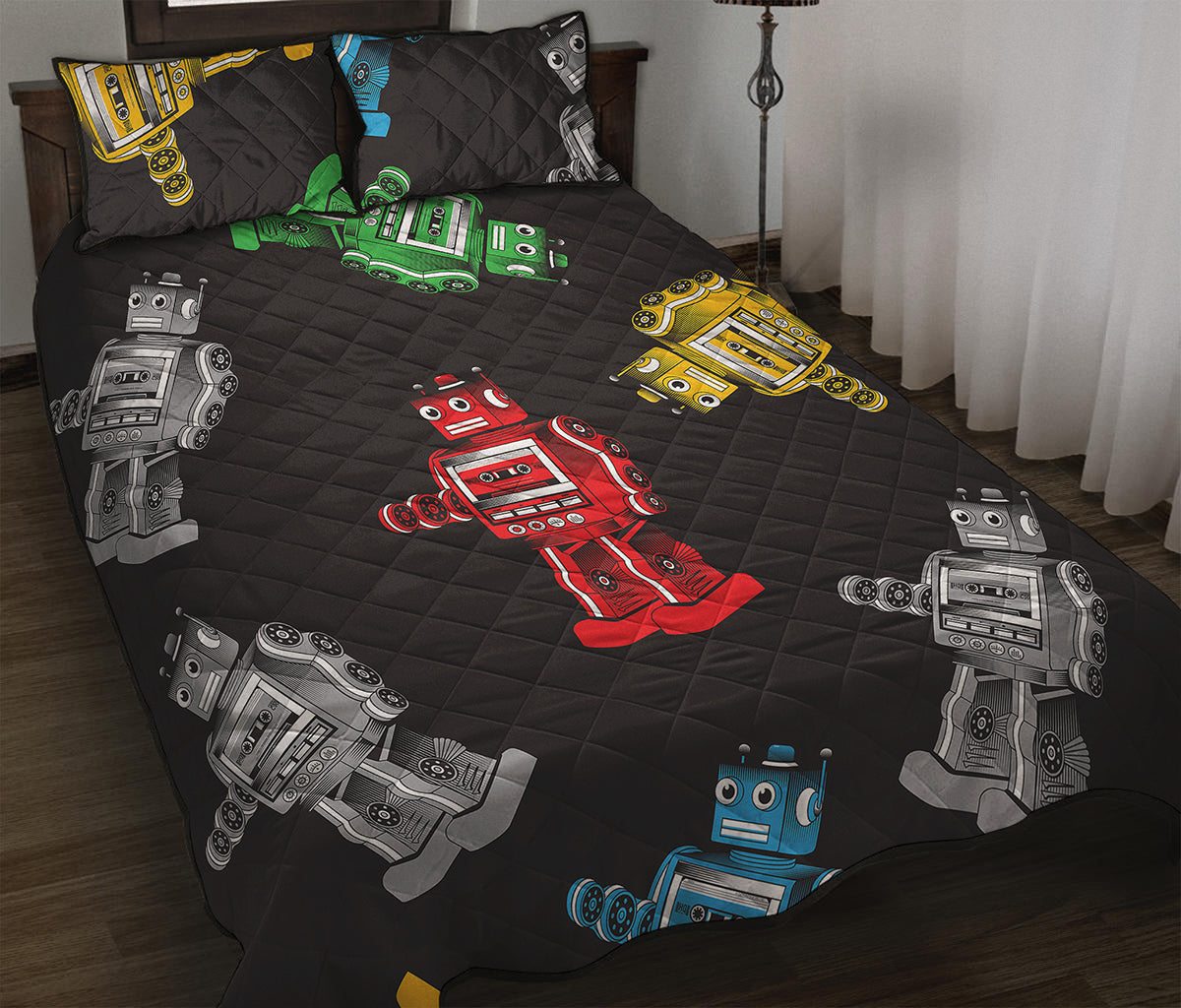 Vintage Robot Pattern Print Quilt Bed Set