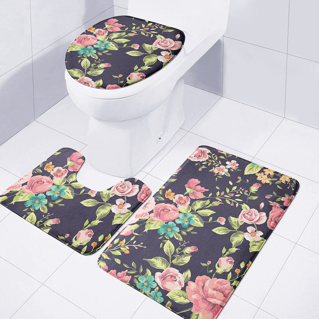 Vintage Rose Floral Flower Pattern Print 3 Piece Bath Mat Set