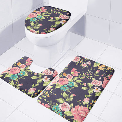 Vintage Rose Floral Flower Pattern Print 3 Piece Bath Mat Set