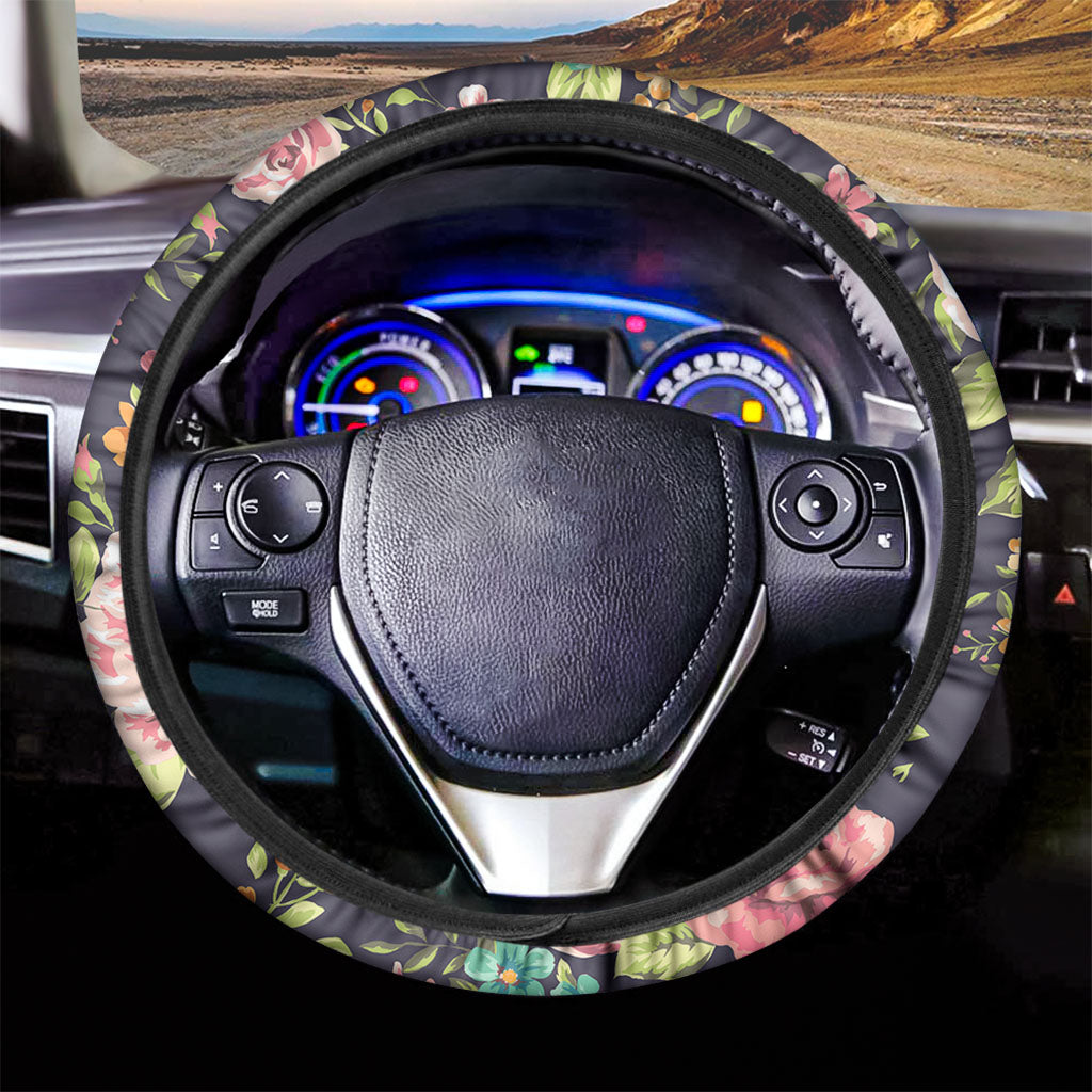 Vintage Rose Floral Flower Pattern Print Car Steering Wheel Cover