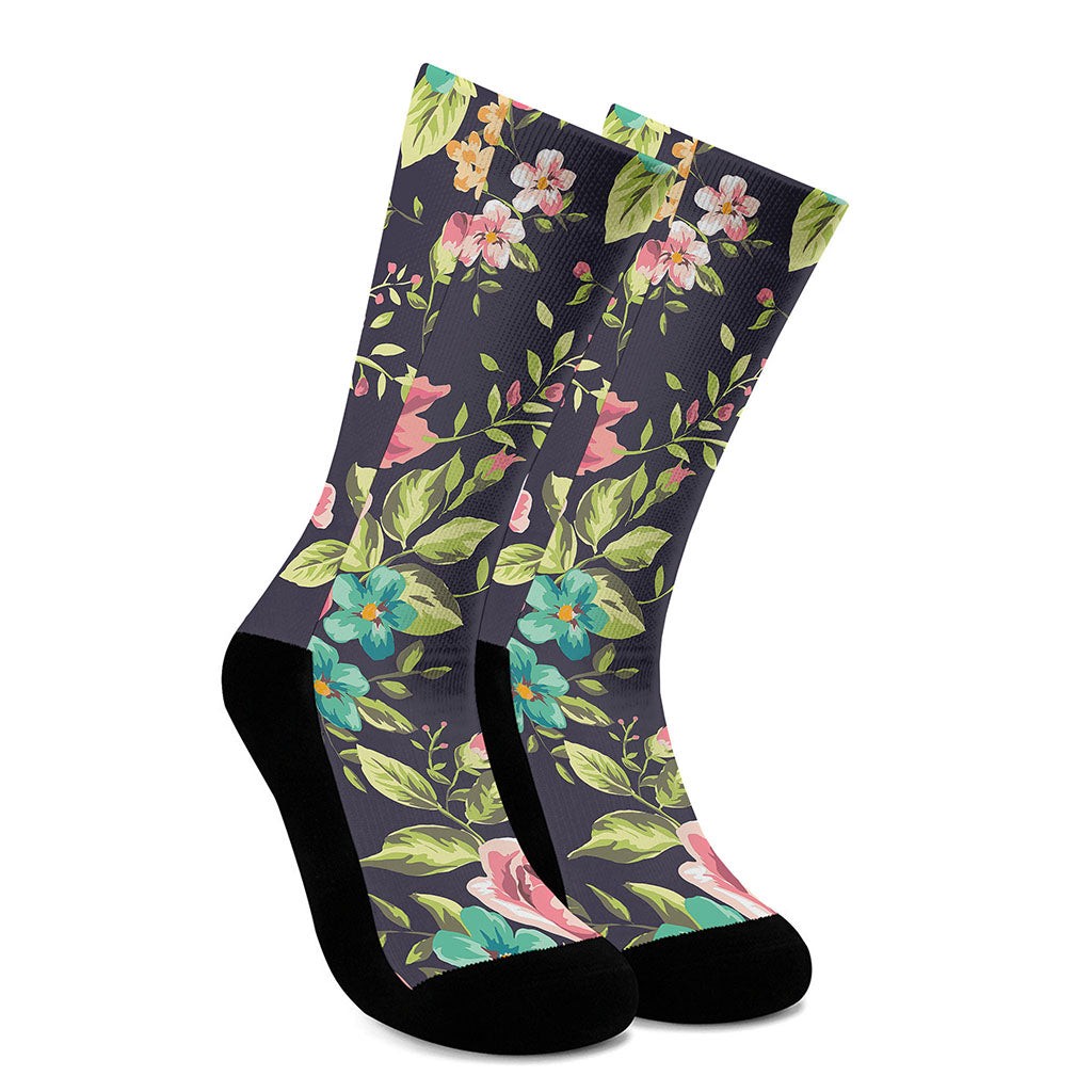Vintage Rose Floral Flower Pattern Print Crew Socks