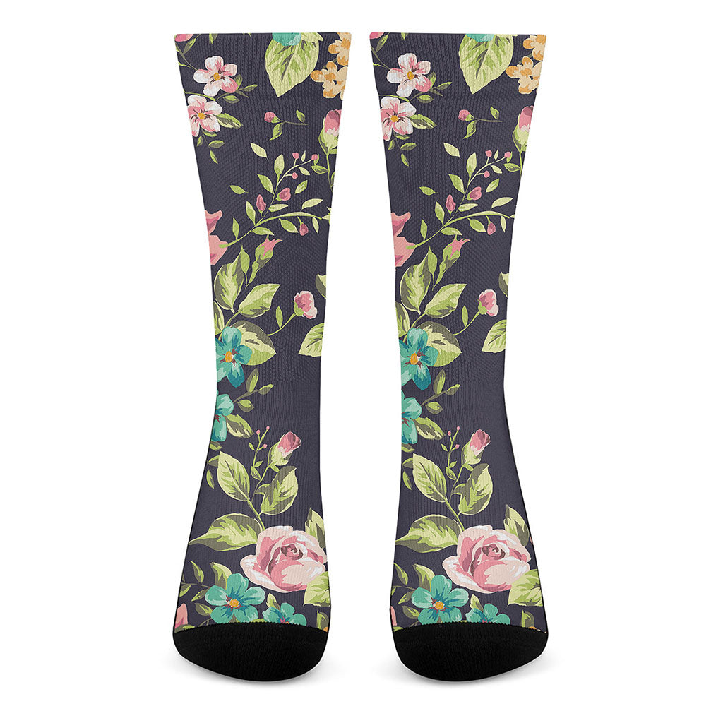 Vintage Rose Floral Flower Pattern Print Crew Socks