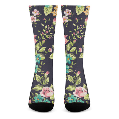 Vintage Rose Floral Flower Pattern Print Crew Socks