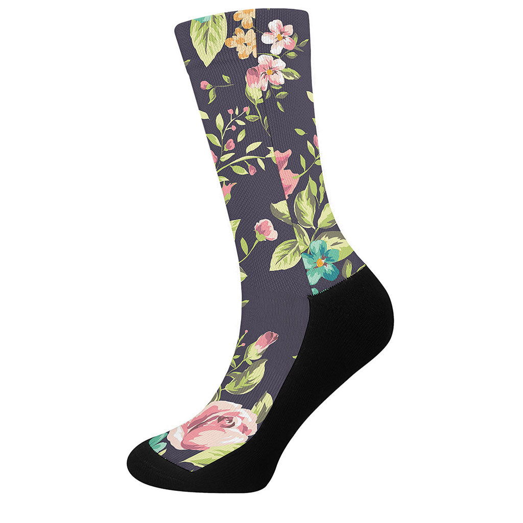 Vintage Rose Floral Flower Pattern Print Crew Socks