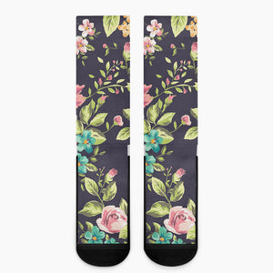 Vintage Rose Floral Flower Pattern Print Crew Socks