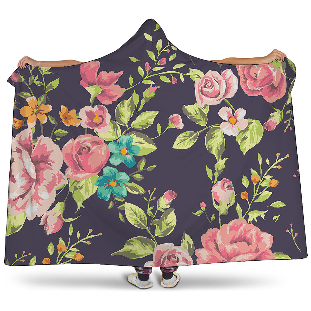 Vintage Rose Floral Flower Pattern Print Hooded Blanket