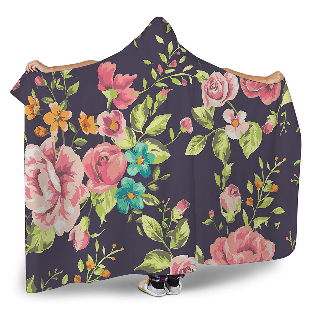 Vintage Rose Floral Flower Pattern Print Hooded Blanket