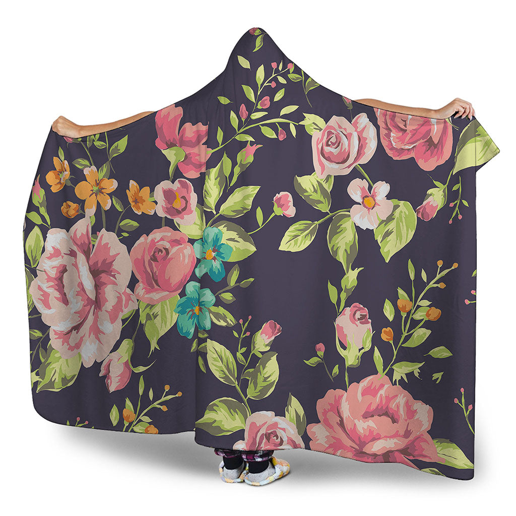 Vintage Rose Floral Flower Pattern Print Hooded Blanket