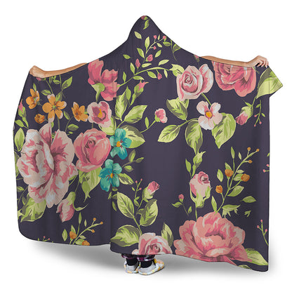 Vintage Rose Floral Flower Pattern Print Hooded Blanket