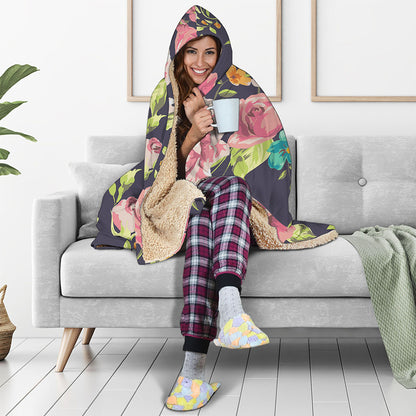 Vintage Rose Floral Flower Pattern Print Hooded Blanket