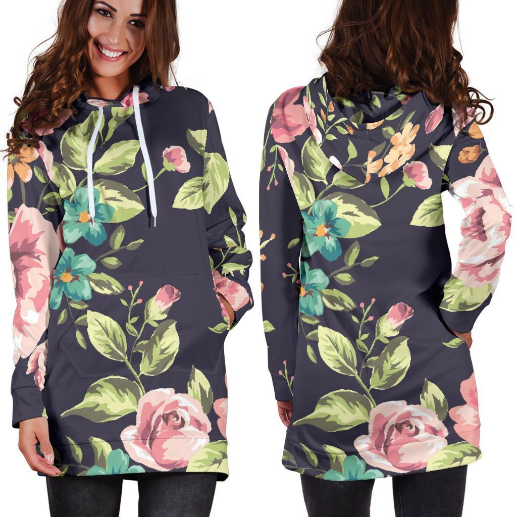 Vintage Rose Floral Flower Pattern Print Hoodie Dress GearFrost