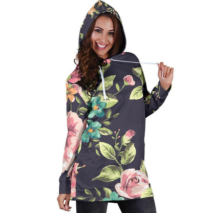 Vintage Rose Floral Flower Pattern Print Hoodie Dress GearFrost