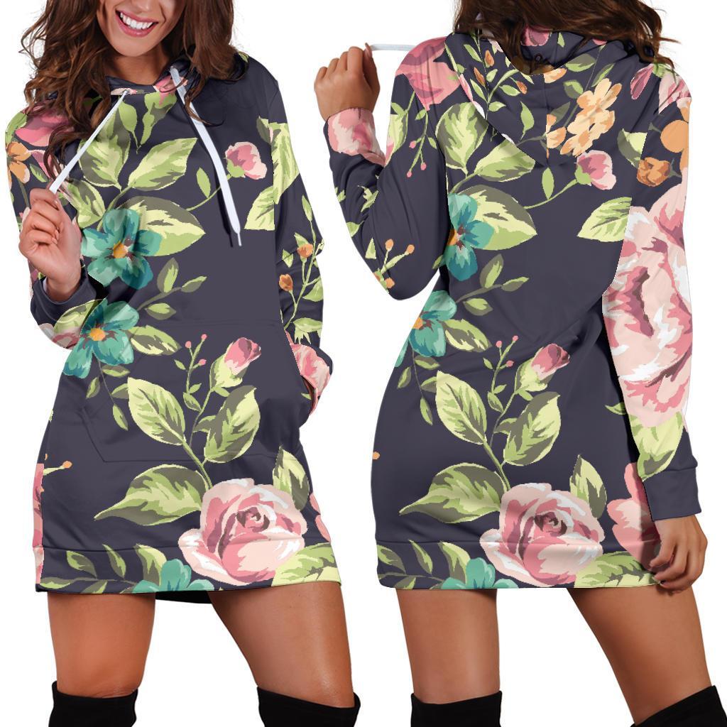 Vintage Rose Floral Flower Pattern Print Hoodie Dress GearFrost
