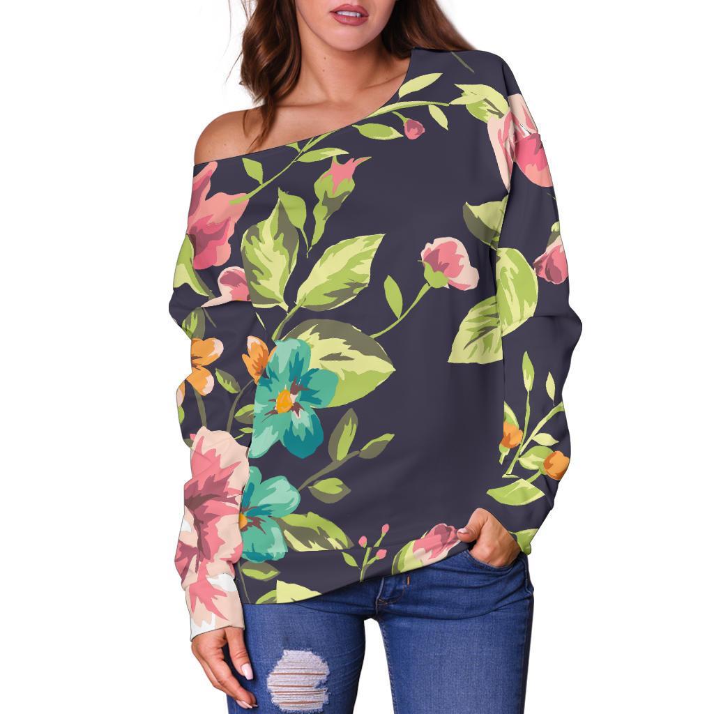 Vintage Rose Floral Flower Pattern Print Off Shoulder Sweatshirt GearFrost