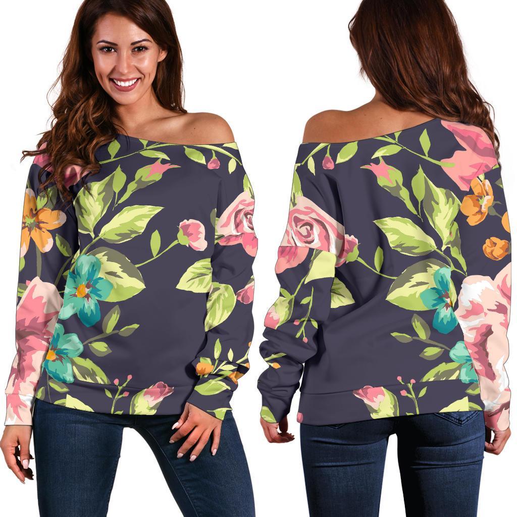 Vintage Rose Floral Flower Pattern Print Off Shoulder Sweatshirt GearFrost