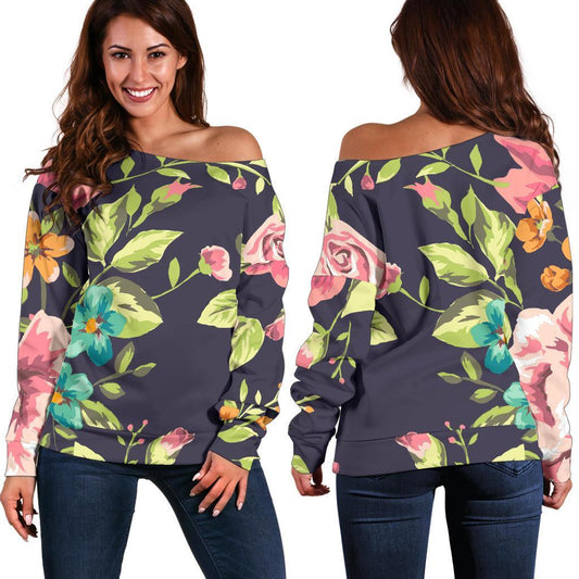 Vintage Rose Floral Flower Pattern Print Off Shoulder Sweatshirt GearFrost