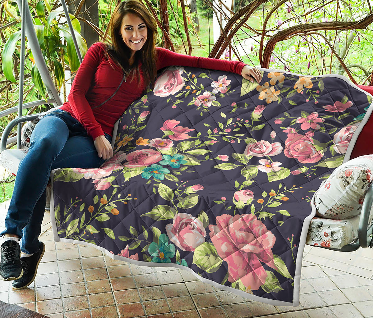 Vintage Rose Floral Flower Pattern Print Quilt