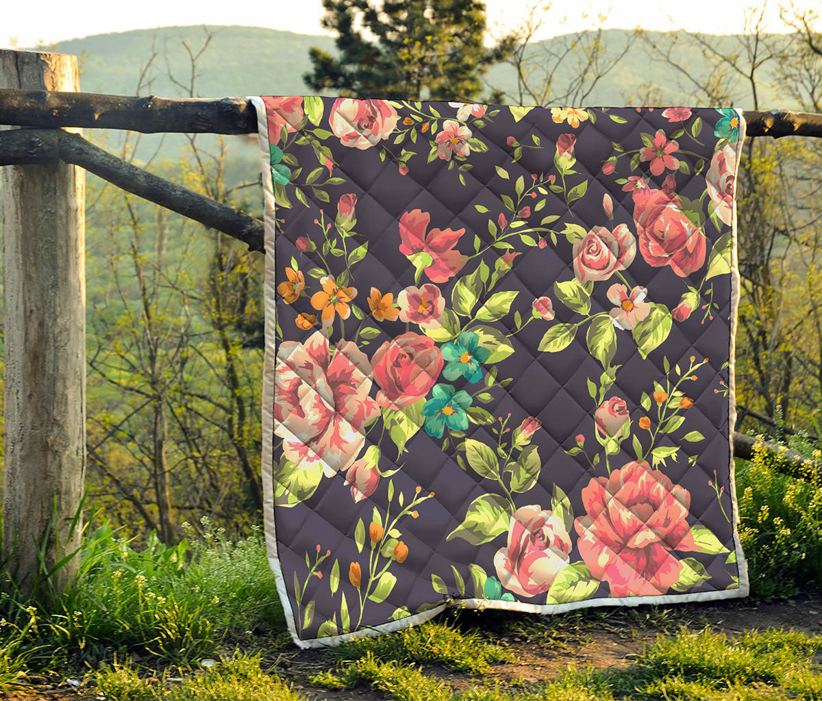 Vintage Rose Floral Flower Pattern Print Quilt
