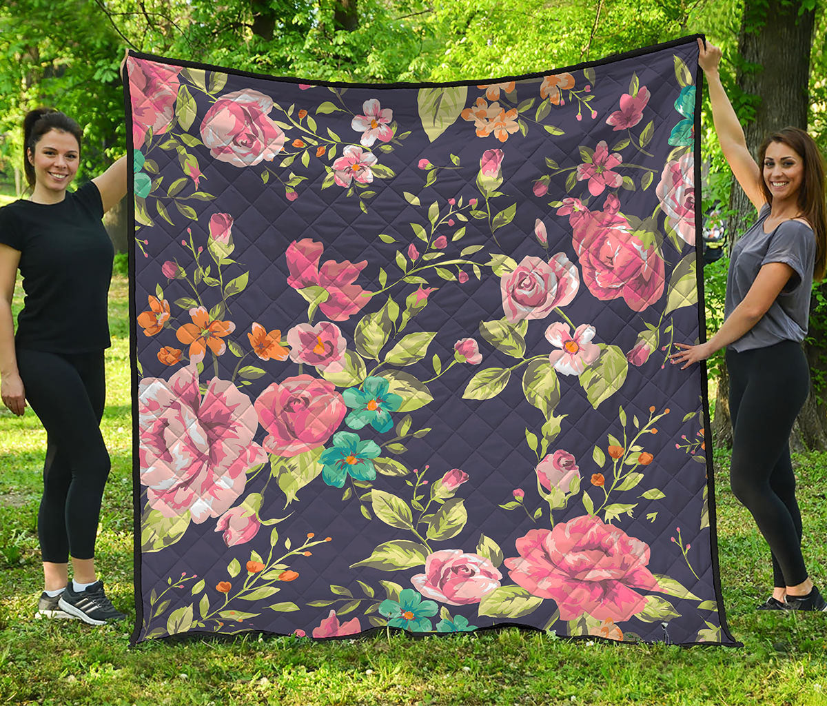 Vintage Rose Floral Flower Pattern Print Quilt