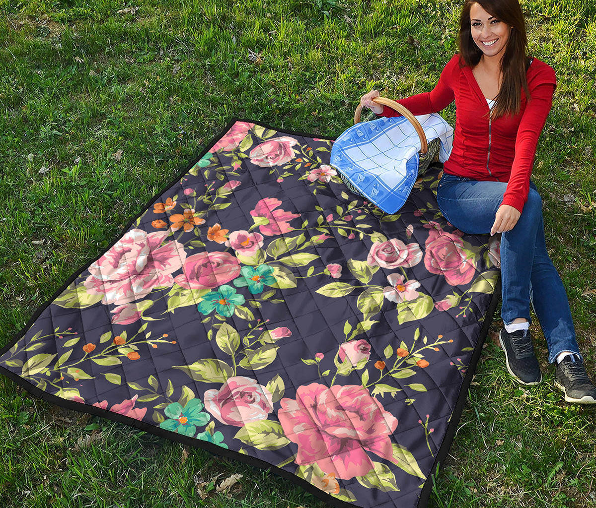 Vintage Rose Floral Flower Pattern Print Quilt