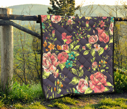 Vintage Rose Floral Flower Pattern Print Quilt