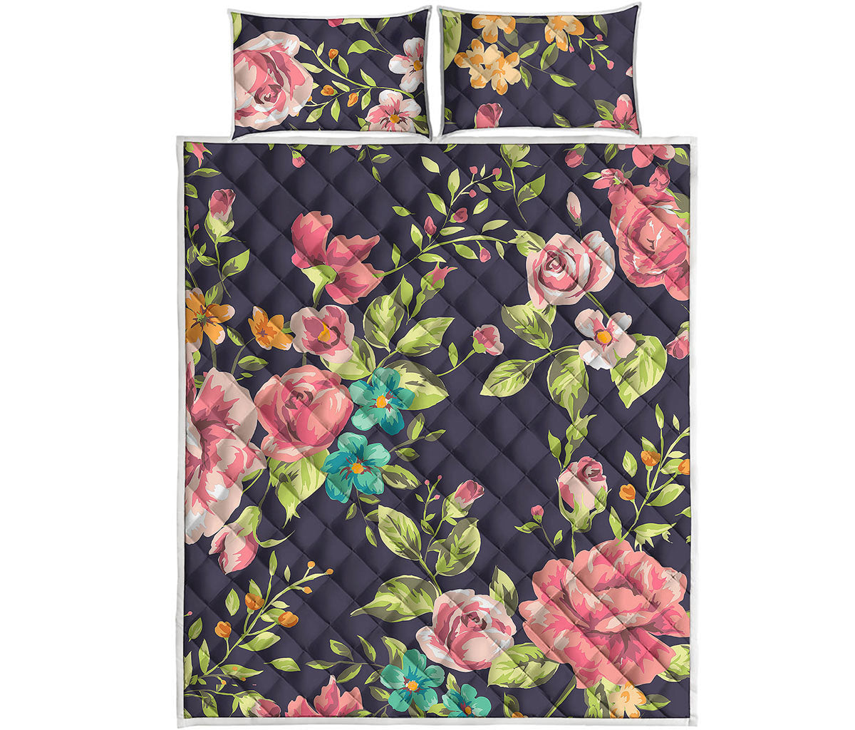 Vintage Rose Floral Flower Pattern Print Quilt Bed Set