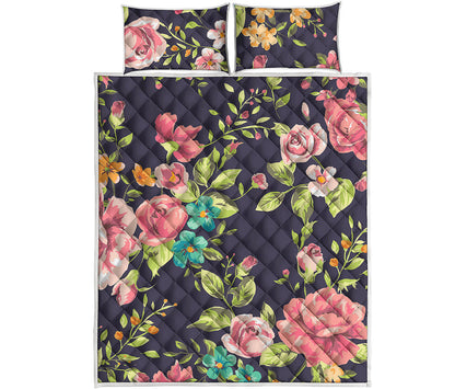 Vintage Rose Floral Flower Pattern Print Quilt Bed Set