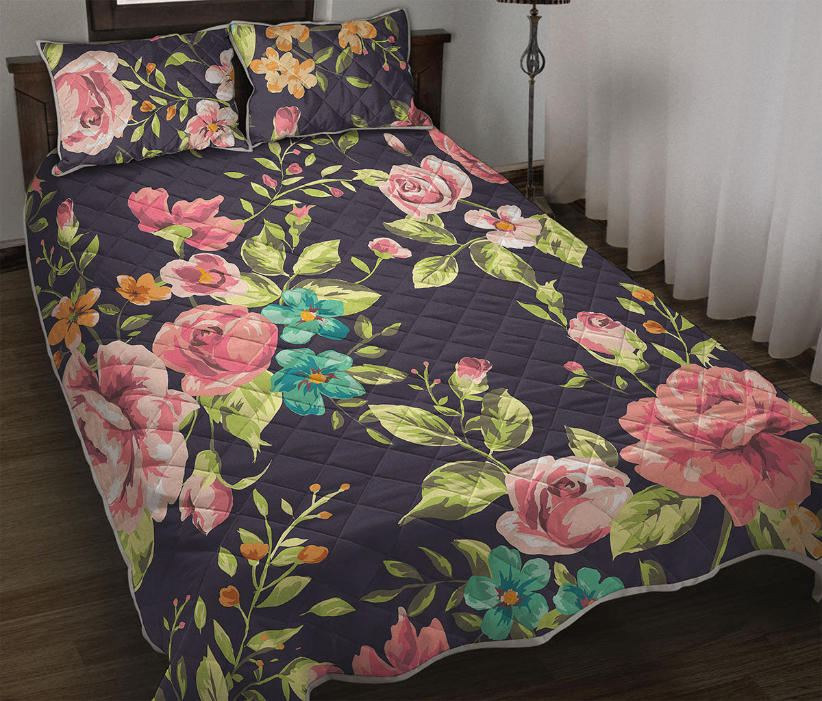 Vintage Rose Floral Flower Pattern Print Quilt Bed Set