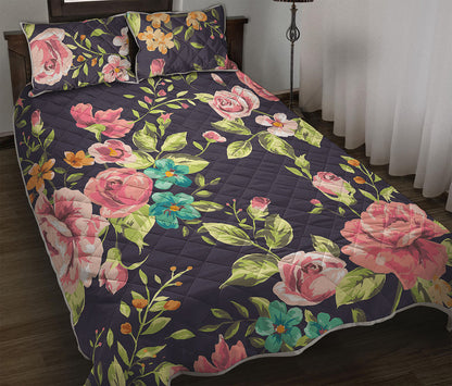 Vintage Rose Floral Flower Pattern Print Quilt Bed Set