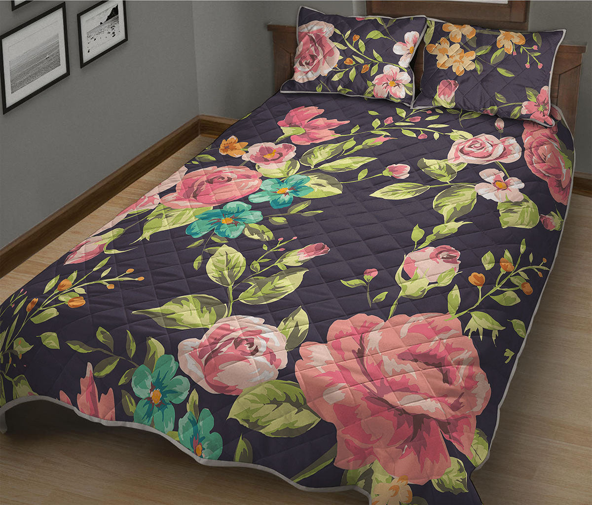 Vintage Rose Floral Flower Pattern Print Quilt Bed Set