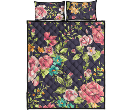 Vintage Rose Floral Flower Pattern Print Quilt Bed Set