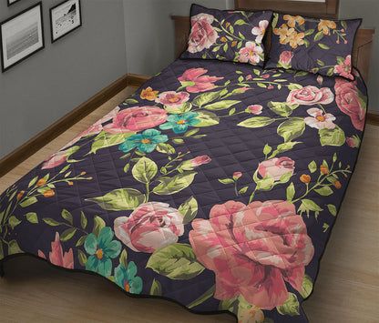 Vintage Rose Floral Flower Pattern Print Quilt Bed Set