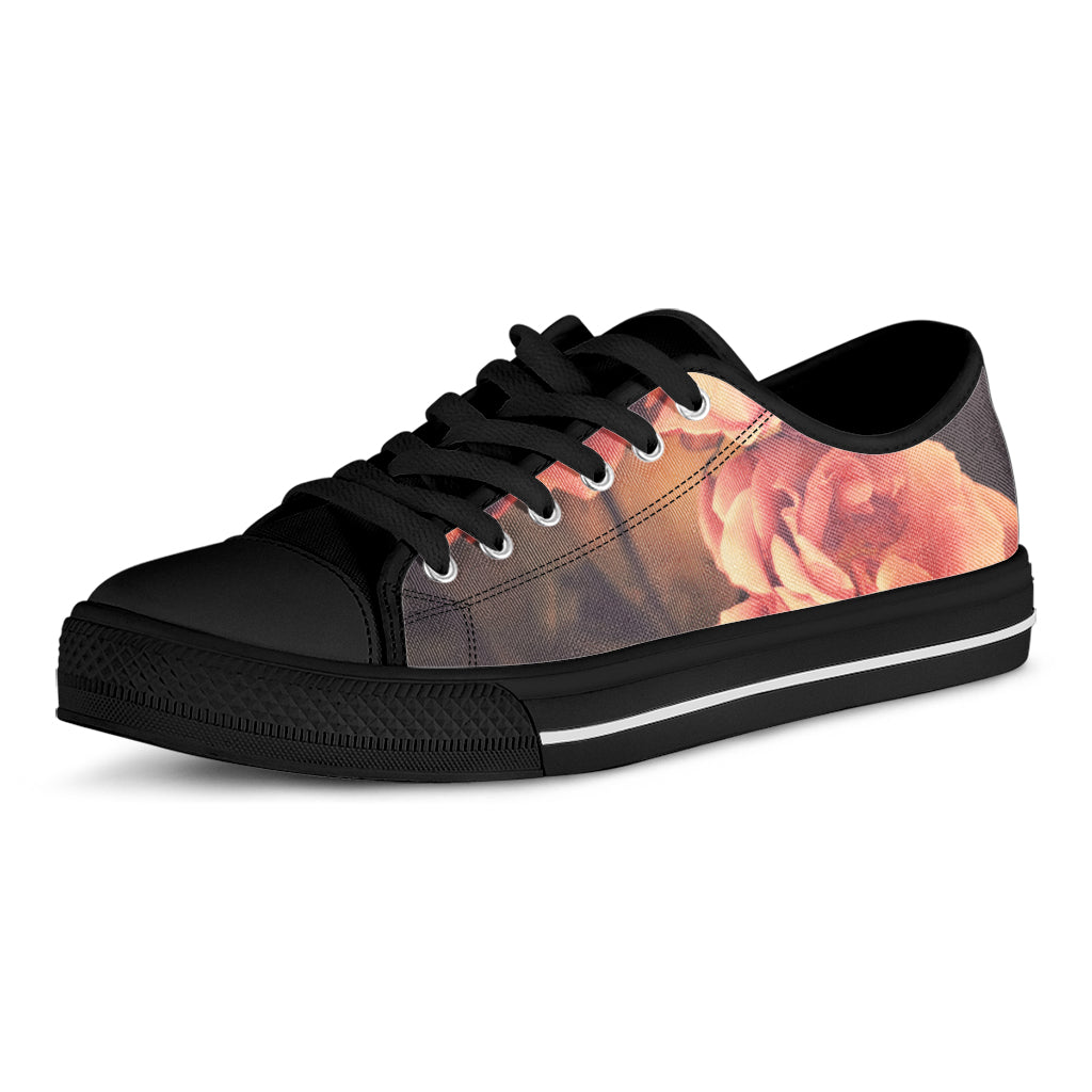 Vintage Rose Print Black Low Top Shoes