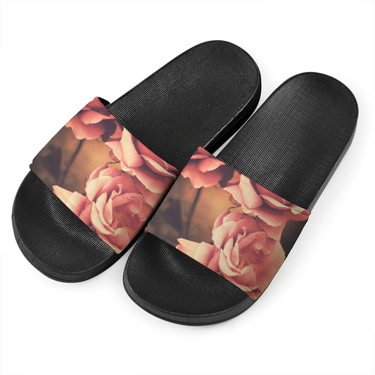 Vintage Rose Print Black Slide Sandals