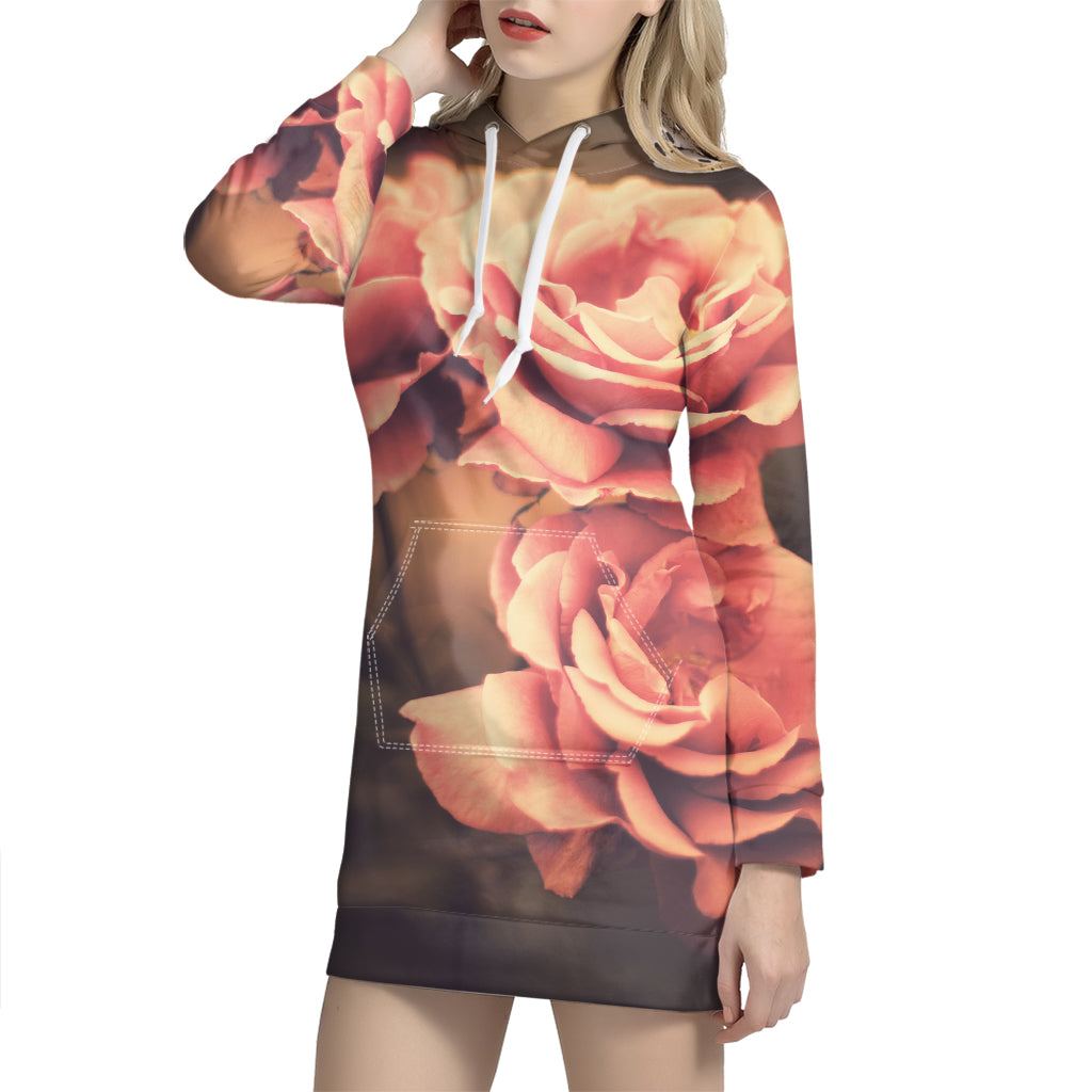 Vintage Rose Print Hoodie Dress