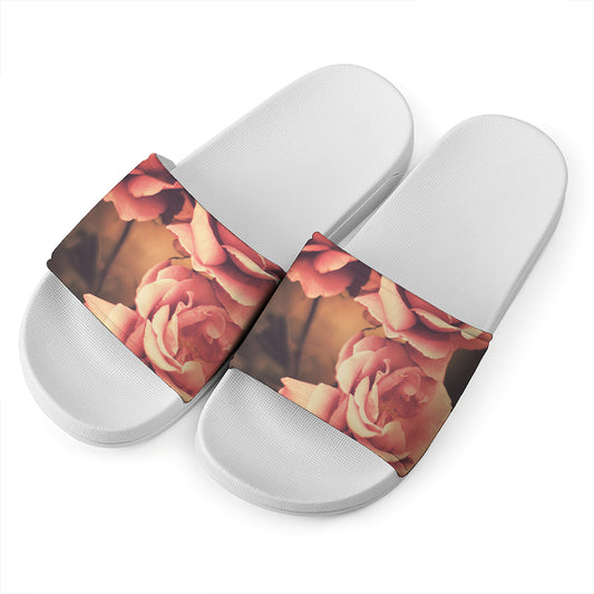 Vintage Rose Print White Slide Sandals