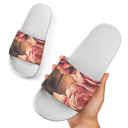 Vintage Rose Print White Slide Sandals