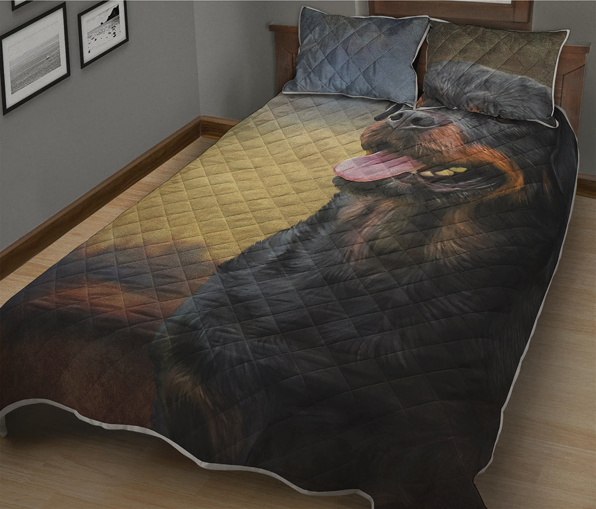 Vintage Rottweiler Portrait Print Quilt Bed Set